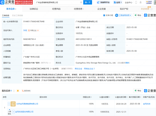 最新配资门户  金风科技成立金绿储新能源公司，含电池制造业务